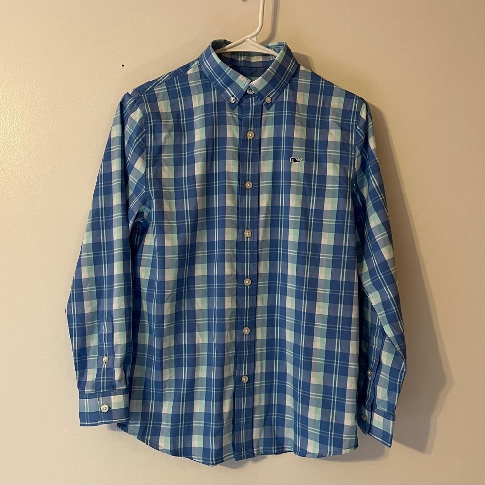 Vineyard Vines Boys Medium 12-14 Blue Plaid Whale Shirt Long Sleeve ButtonUp